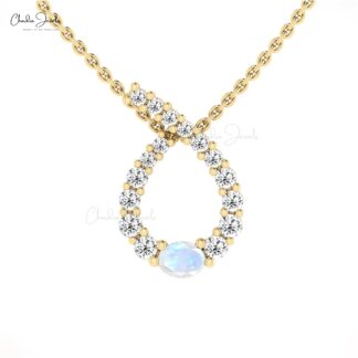 Pure 14k Gold Twisted Pendant In 4x3mm Rainbow Moonstone And Diamond Unique Jewelry
