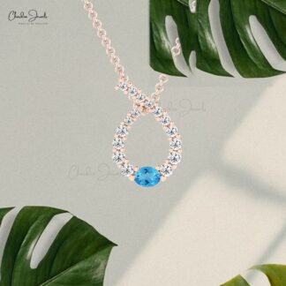 Twisted Diamond Curve Pendant With 4x3mm Swiss Blue Topaz 14k Solid Gold Women Necklace