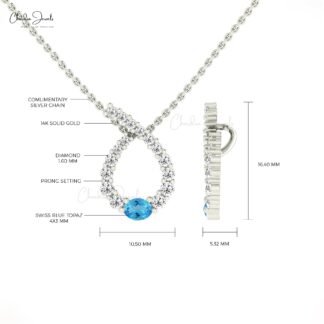 Twisted Diamond Curve Pendant With 4x3mm Swiss Blue Topaz 14k Solid Gold Women Necklace