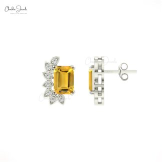 Natural Citrine Statement Stud With 2 Ct Gemstone And Diamond Earrings In 14k Real Gold