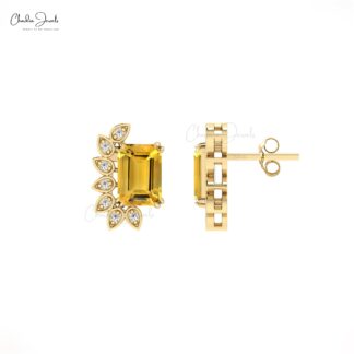 Natural Citrine Statement Stud With 2 Ct Gemstone And Diamond Earrings In 14k Real Gold