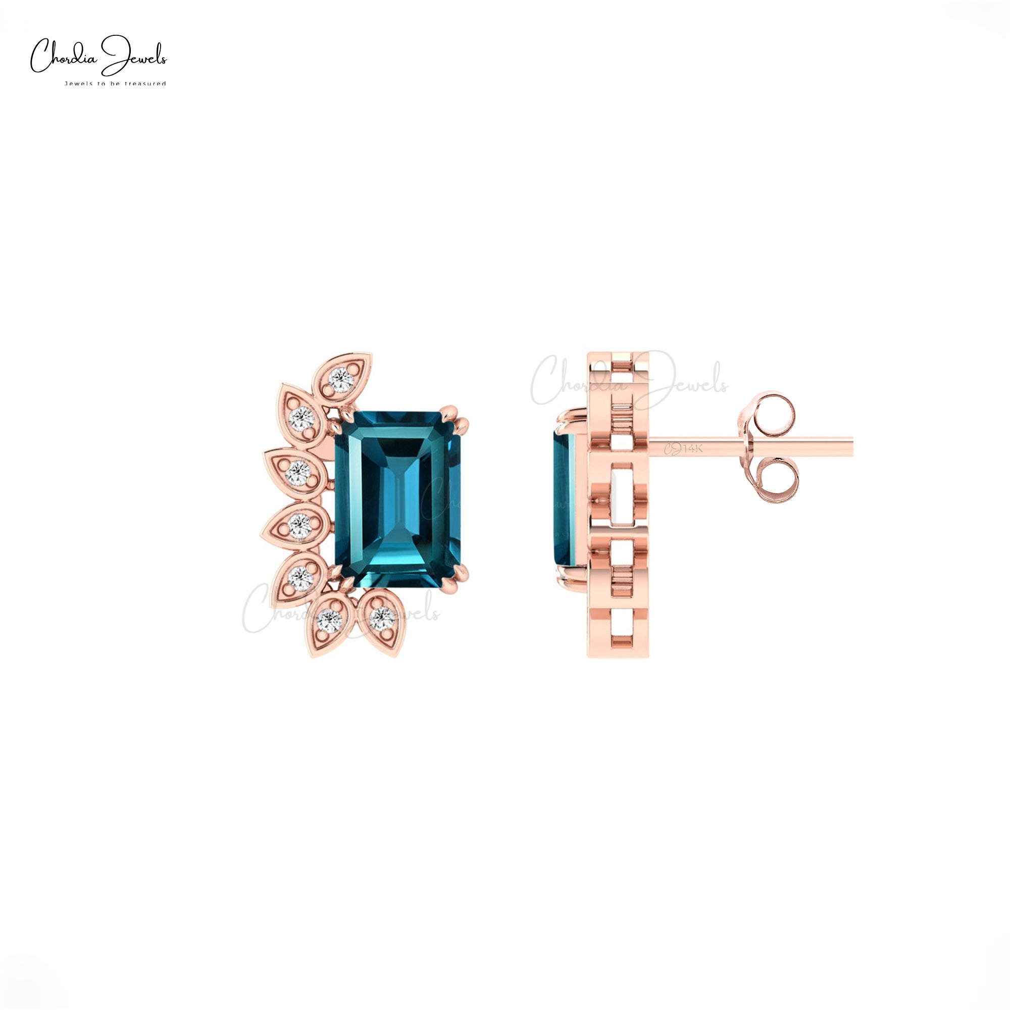 Delicate Statement Earrings In Solid 14k Gold London Blue Topaz & Diamond Push Back Studs