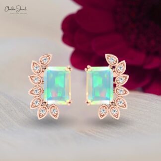 Octagon Fire Opal Statement Studs In Solid 14k Gold G-H Diamond Wings Bridal Earrings