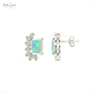 Octagon Fire Opal Statement Studs In Solid 14k Gold G-H Diamond Wings Bridal Earrings
