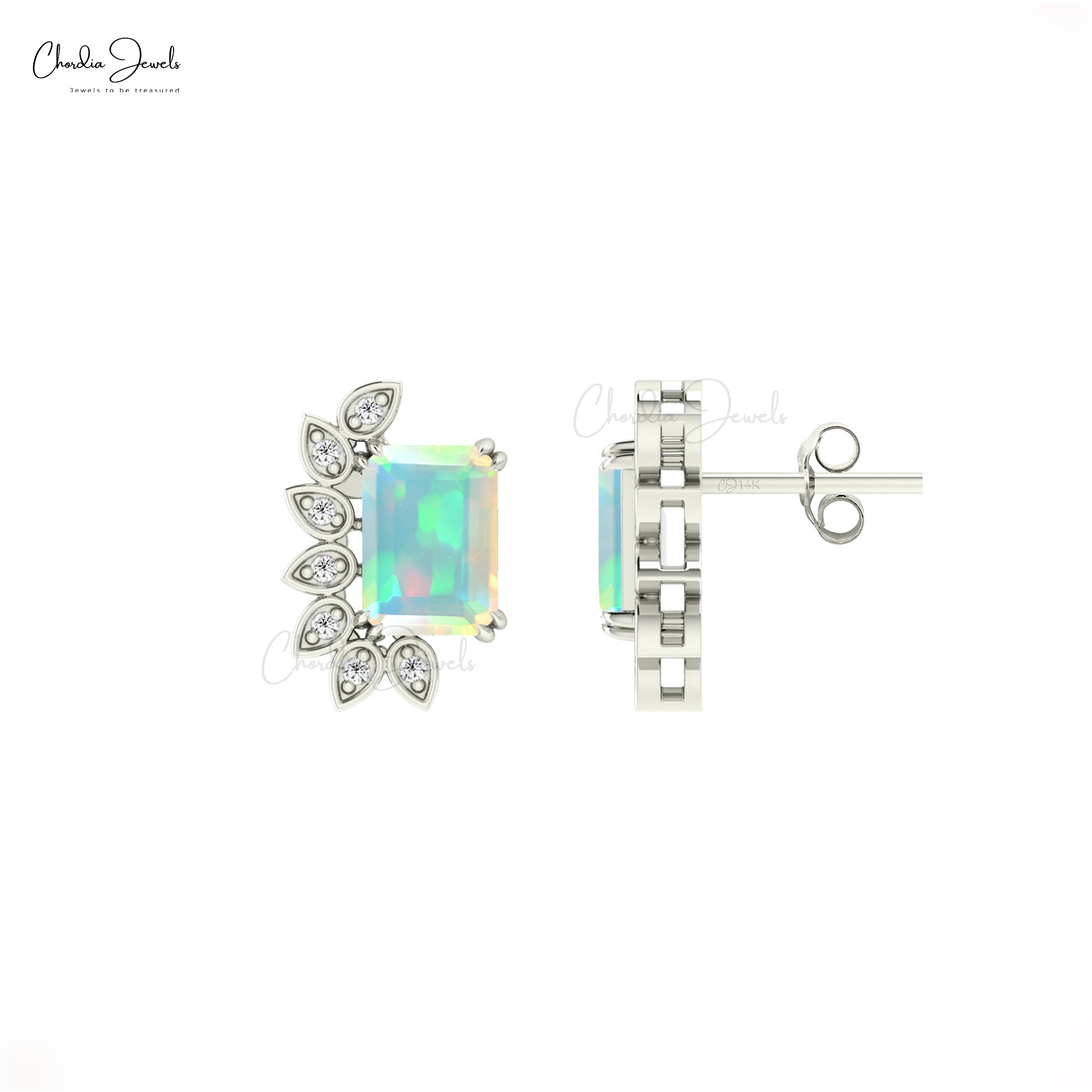 Octagon Fire Opal Statement Studs In Solid 14k Gold G-H Diamond Wings Bridal Earrings