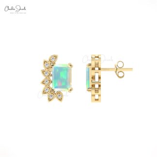 Octagon Fire Opal Statement Studs In Solid 14k Gold G-H Diamond Wings Bridal Earrings