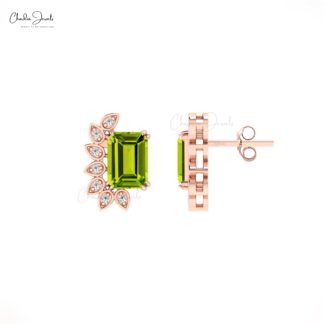 Solid 14k Gold Statement Studs With 7x5mm Green Peridot And Diamond Earrings For Women