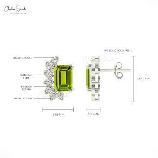 Solid 14k Gold Statement Studs With 7x5mm Green Peridot And Diamond Earrings For Women