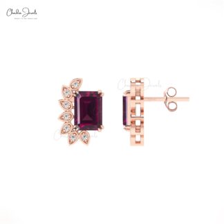 Diamond Wings Earrings In 14k Pure Gold Rhodolite Garnet 5x3mm Gemstone Statement Studs