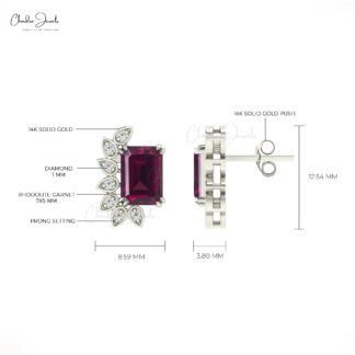 Diamond Wings Earrings In 14k Pure Gold Rhodolite Garnet 5x3mm Gemstone Statement Studs