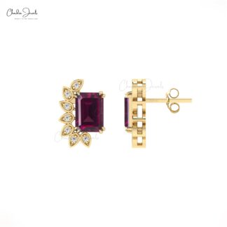 Diamond Wings Earrings In 14k Pure Gold Rhodolite Garnet 5x3mm Gemstone Statement Studs