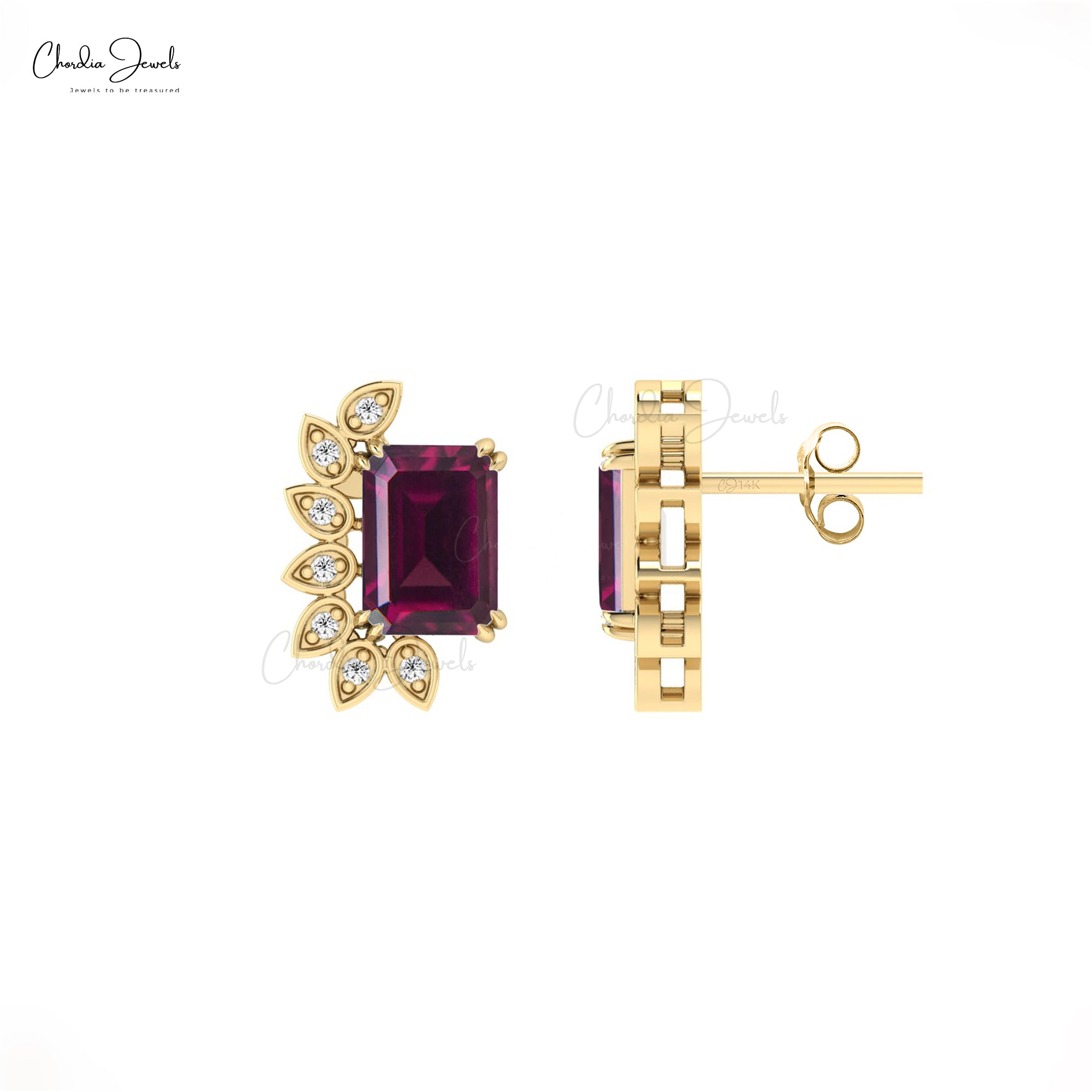 Diamond Wings Earrings In 14k Pure Gold Rhodolite Garnet 5x3mm Gemstone Statement Studs