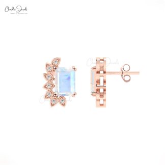 Statement Wedding Earrings with 2 Ct Moonstone And Diamond 14k Real Gold Wings Studs