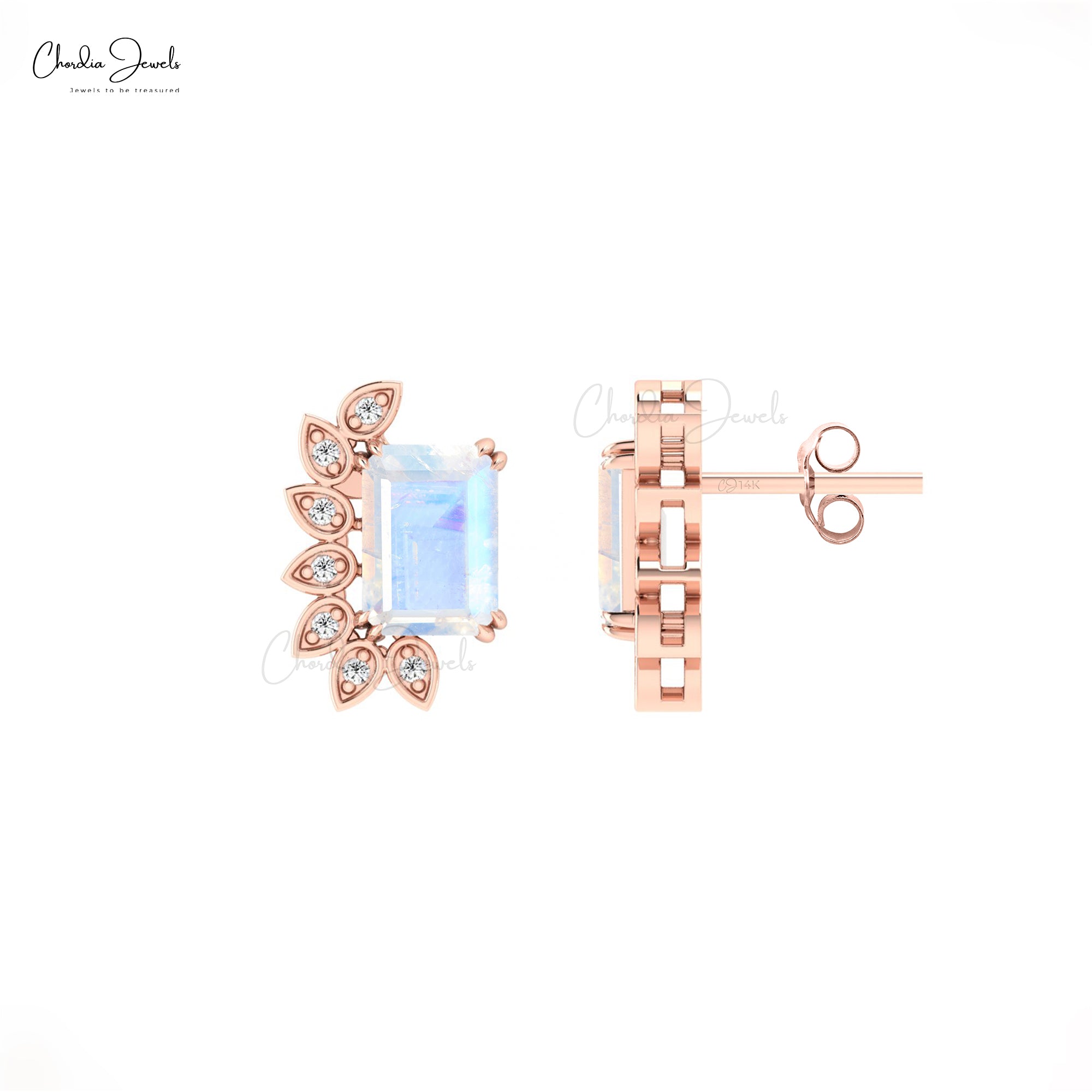 Statement Wedding Earrings with 2 Ct Moonstone And Diamond 14k Real Gold Wings Studs