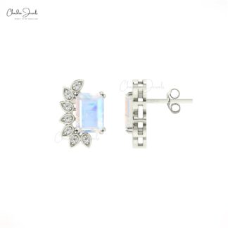 Statement Wedding Earrings with 2 Ct Moonstone And Diamond 14k Real Gold Wings Studs