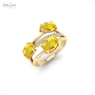 Three Stone Ring With 2.2 CTW Yellow Sapphire And Pave Diamond 14k Solid Gold Wedding Ring