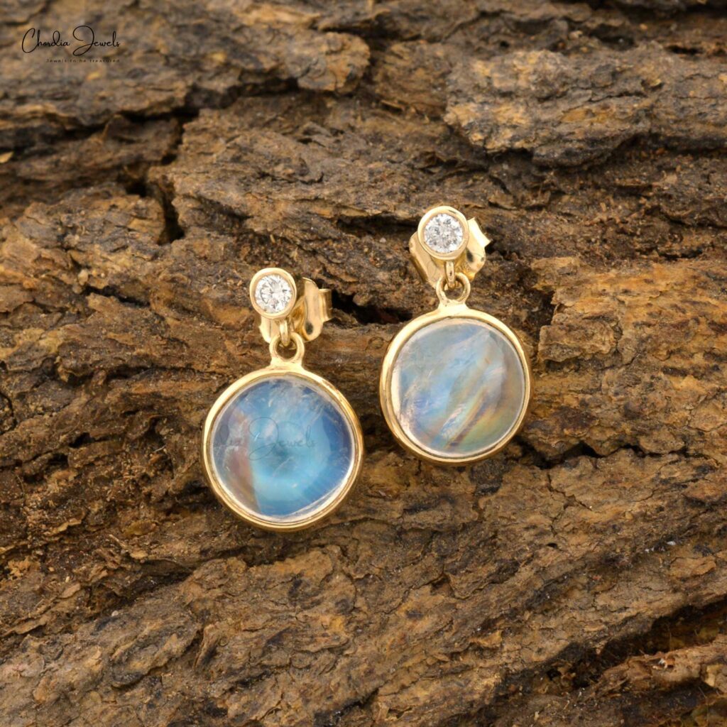 Real 14k Yellow Gold 2 Stone Earrings With 8mm Rainbow Moonstone Diamond Dangle Jewelry