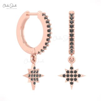 Celestial Star Drop Hoops In 14k Solid Gold Black Diamond Pave Set Dangle Earrings