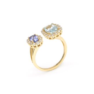 Two Halo Tanzanite Ring In 14k Real Gold Aquamarine Diamond Certified Adjustable Rings