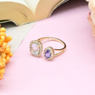 Two Halo Tanzanite Ring In 14k Real Gold Aquamarine Diamond Certified Adjustable Rings