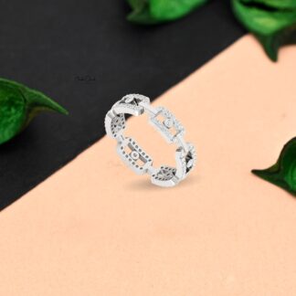 Round Cut Link Chain Ring With 0.39 Ct White Diamond Bezel Set In 14k Real Gold Rings