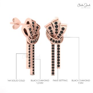 Round Cut Curved Earrings In 14k Solid Gold Black Diamond Dangle Bar Women Stud Earrings