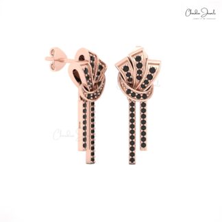 Round Cut Curved Earrings In 14k Solid Gold Black Diamond Dangle Bar Women Stud Earrings