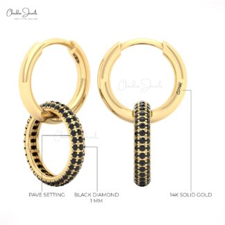 AAA Black Diamond Hoops In 14k Pure Gold Open Circle Hinge Back Earrings For Women