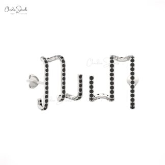 Real 14k Gold Zigzag Studs With 5mm Round Black Diamond Push Back Musical Style Earrings