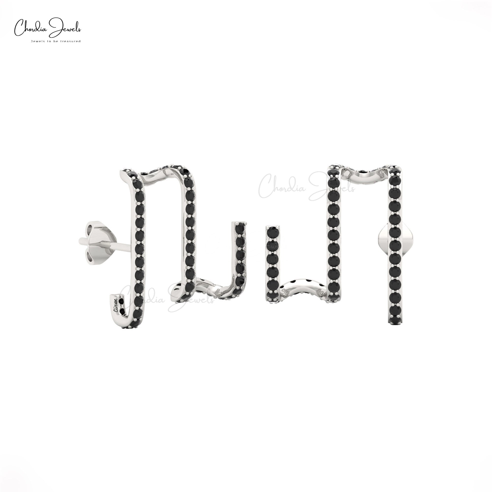 Real 14k Gold Zigzag Studs With 5mm Round Black Diamond Push Back Musical Style Earrings