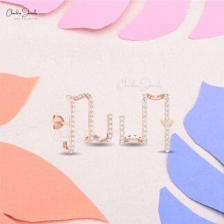 Musical Design Push Back Stud With 0.78 Ct White Diamond 14k Real Gold Zigzag Earrings