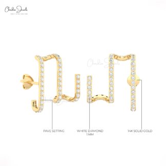 Musical Design Push Back Stud With 0.78 Ct White Diamond 14k Real Gold Zigzag Earrings