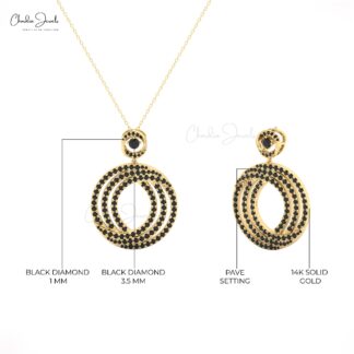 Cluster Dangle Pendant With 3.5mm Black Diamond Inter Circle Necklace In 14k Solid Gold