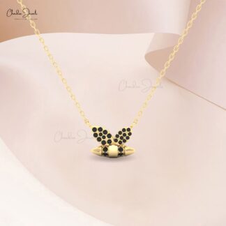 Solid 14k Gold Cluster Necklace With 0.15 Ct Black Diamond Pav Bumblebee Chain Necklaces