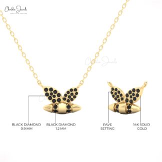 Solid 14k Gold Cluster Necklace With 0.15 Ct Black Diamond Pav Bumblebee Chain Necklaces