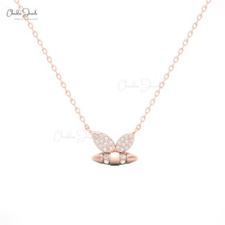 Dainty Bumblebee Chain Necklace In 14k Solid Gold White Diamond Cluster Necklace For Her