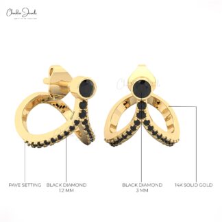 Dainty Curved Earrings In 14k Solid Gold Black Diamond 3mm Round Cut Bezel Set Studs