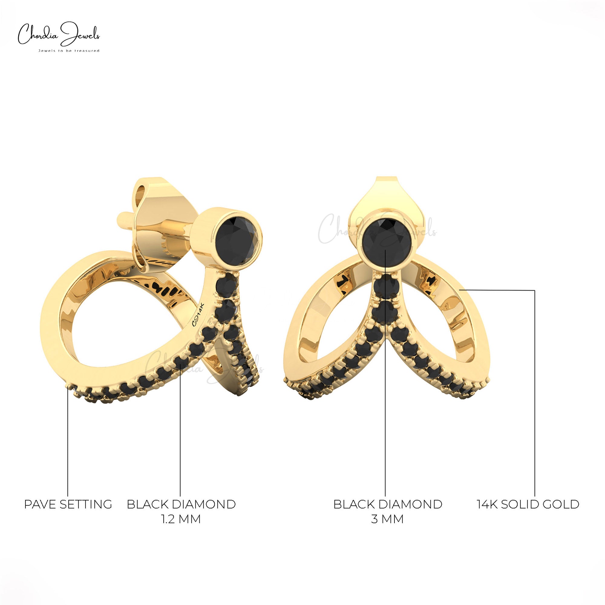 Dainty Curved Earrings In 14k Solid Gold Black Diamond 3mm Round Cut Bezel Set Studs