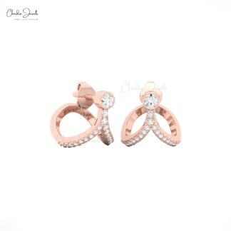 Bezel Set Diamond Curved Studs With 3mm White Diamond 14k Solid Gold Bridal Earrings