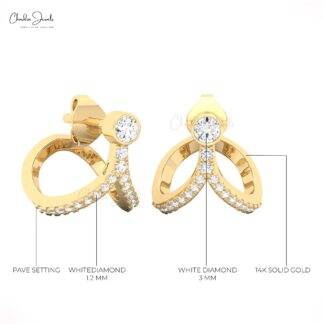 Bezel Set Diamond Curved Studs With 3mm White Diamond 14k Solid Gold Bridal Earrings