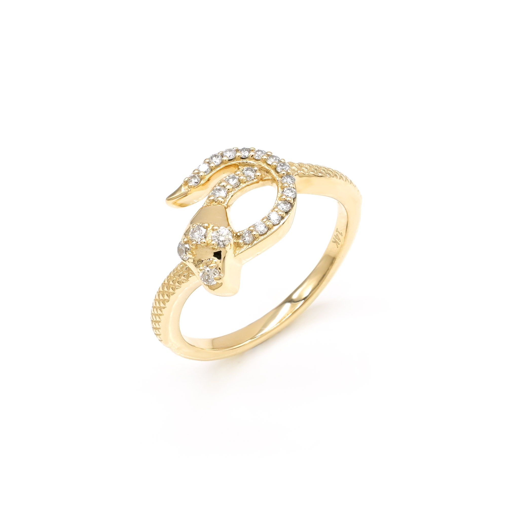 IGI Certified Snake Style Ring In 14k Yellow Gold Diamond 0.18 Ct Round Cut Unique Rings