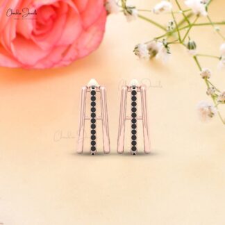 Delicate Tiny Line Bar Earrings In Solid 14k Gold Black Diamond Handmade Wedding Studs