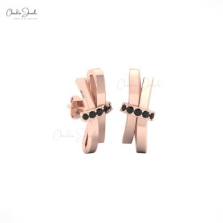 AAA Black Diamond Curved Earring With 0.11 Ct Round Cut Pave In 14k Real Gold Dainty Studs