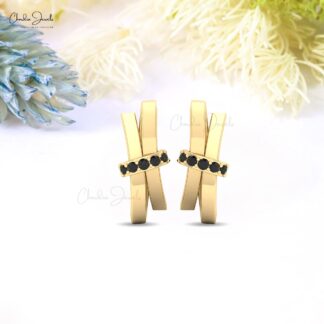 AAA Black Diamond Curved Earring With 0.11 Ct Round Cut Pave In 14k Real Gold Dainty Studs