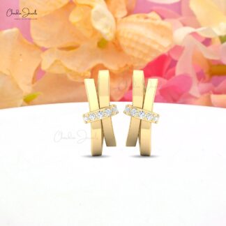 Genuine White Diamond Twisted Studs In 14k Solid Gold Curved Hallmarked Push Back Earrings