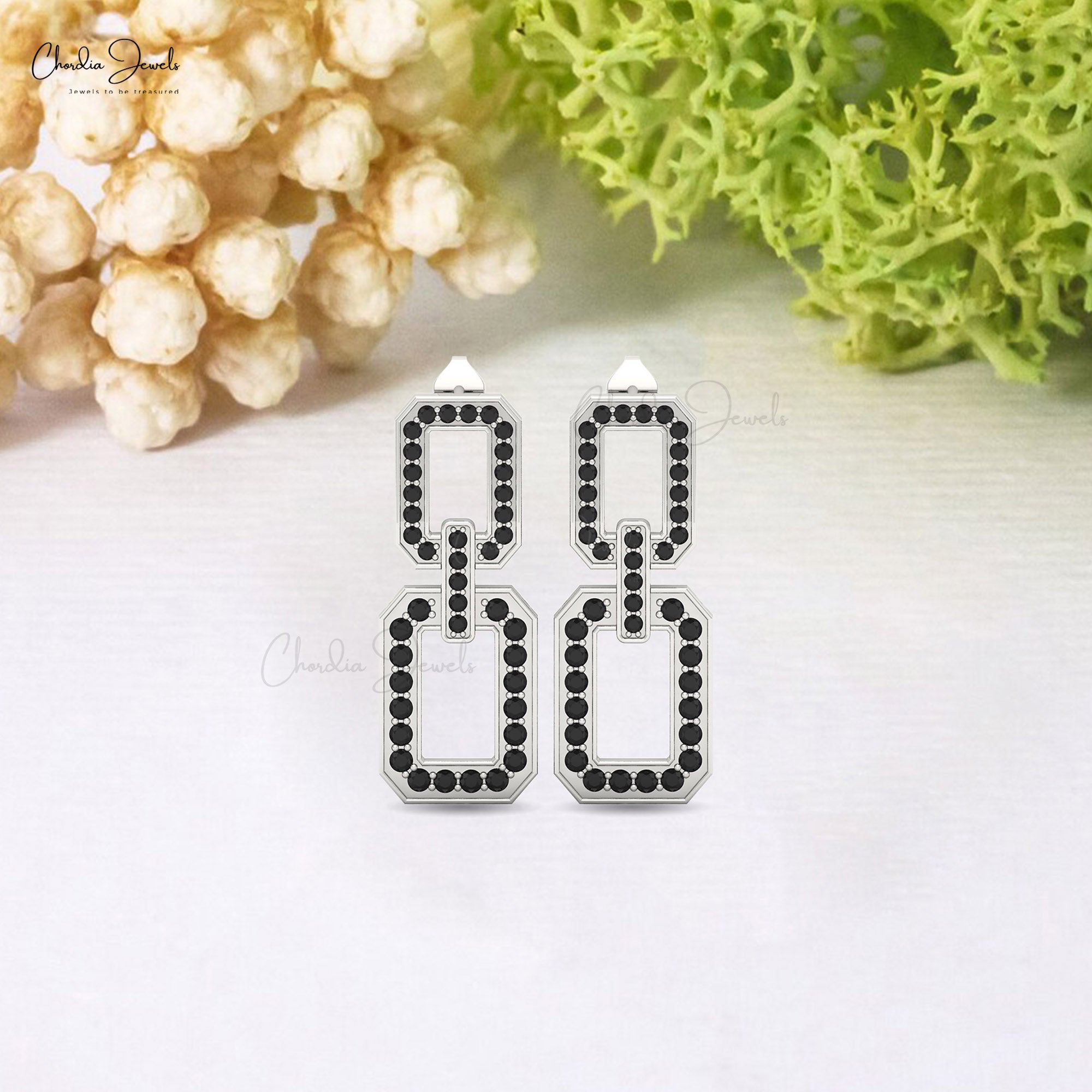 14K Solid Gold Black Diamond Link Drop Earrings for Women