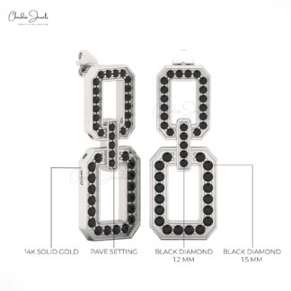 14K Solid Gold Black Diamond Link Drop Earrings for Women