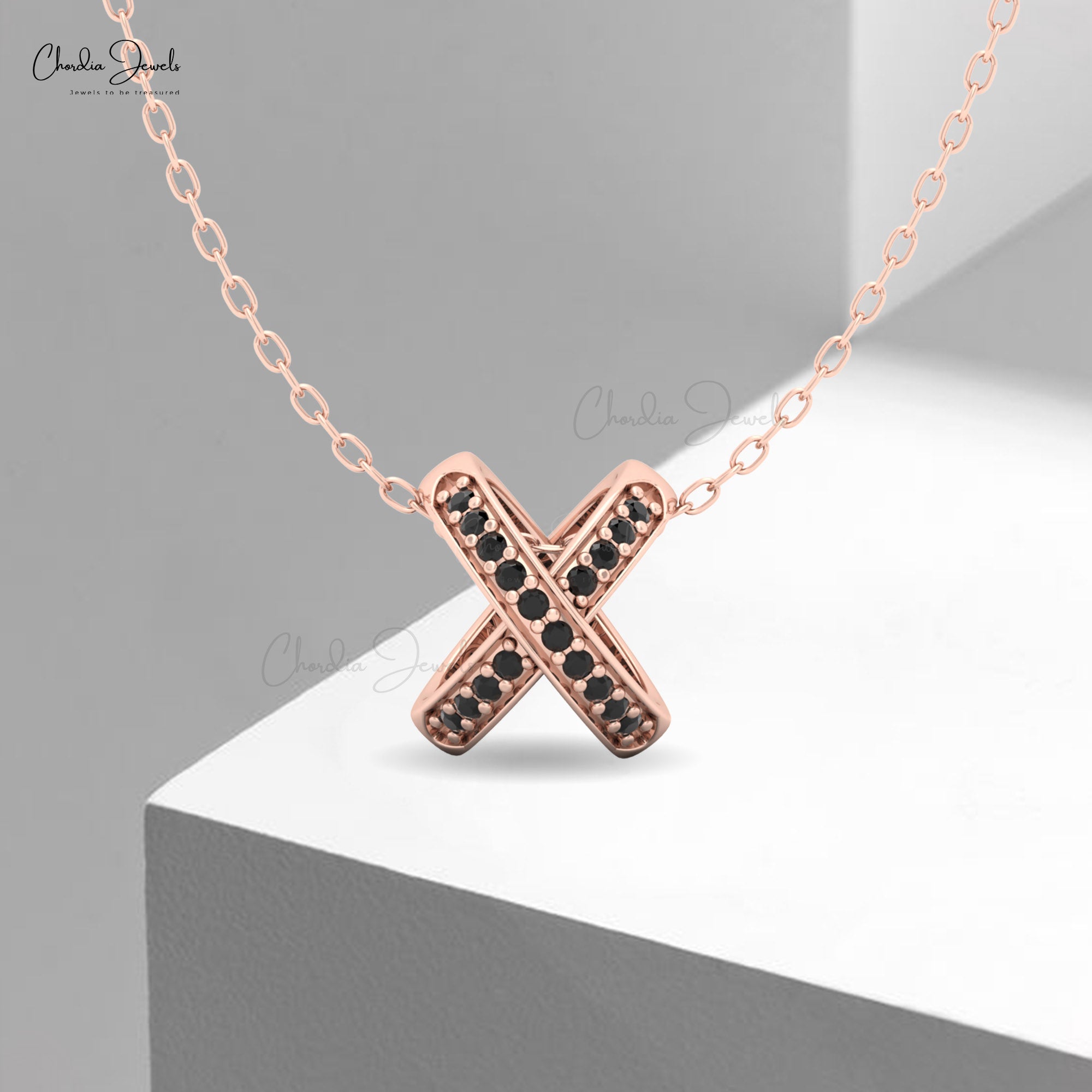 Rose Gold X Pendant Necklace with Black Diamonds