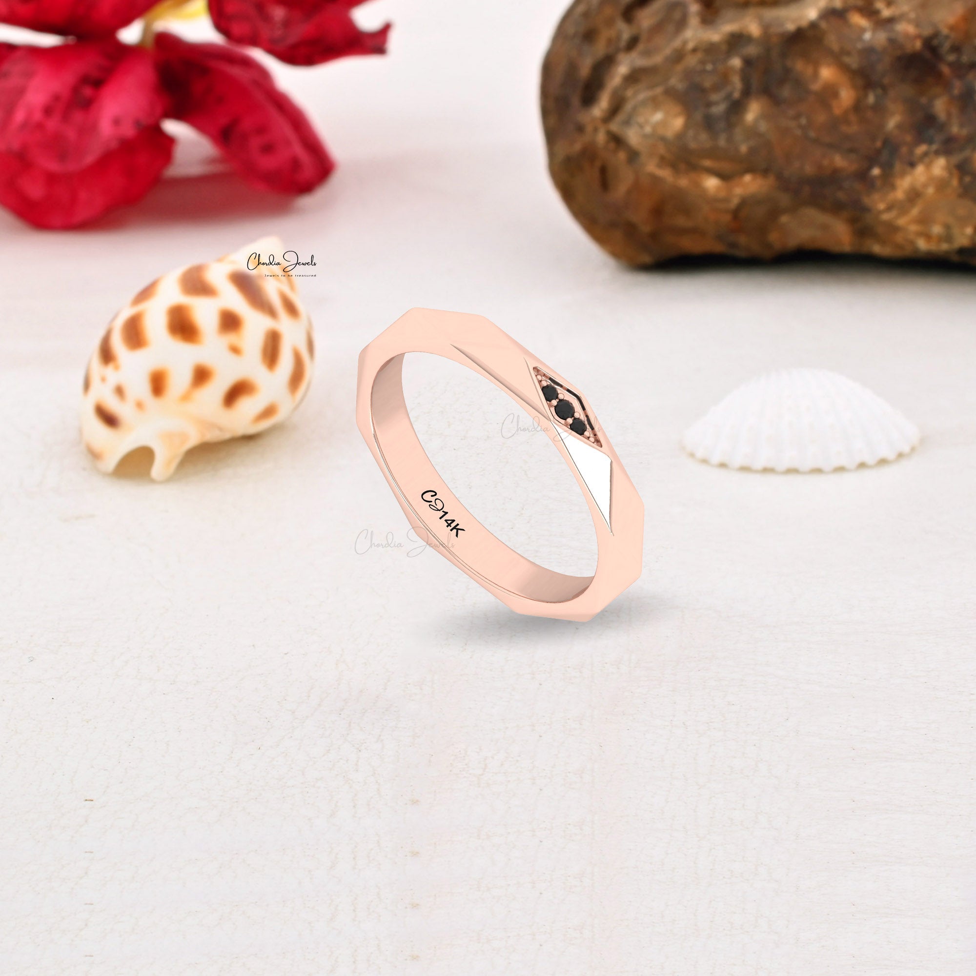 Minimalist Geometric 14K Gold Ring with Black Diamonds