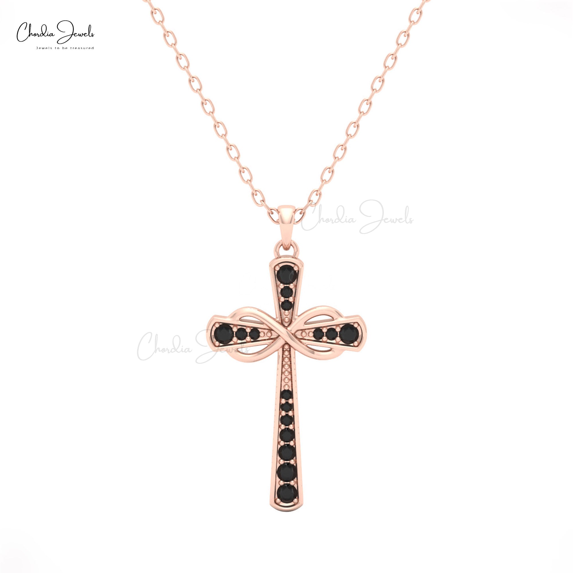 Women?s 14k Gold Infinity Pendant with Round Black Diamonds